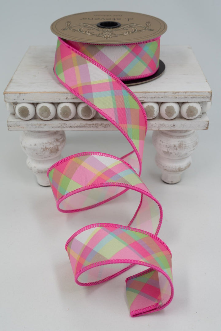 d. stevens Pink, Green, & White Spring Plaid Diagonal Poplin Wired Ribbon - 1.5" - Greenery MarketWired ribbon88-4471