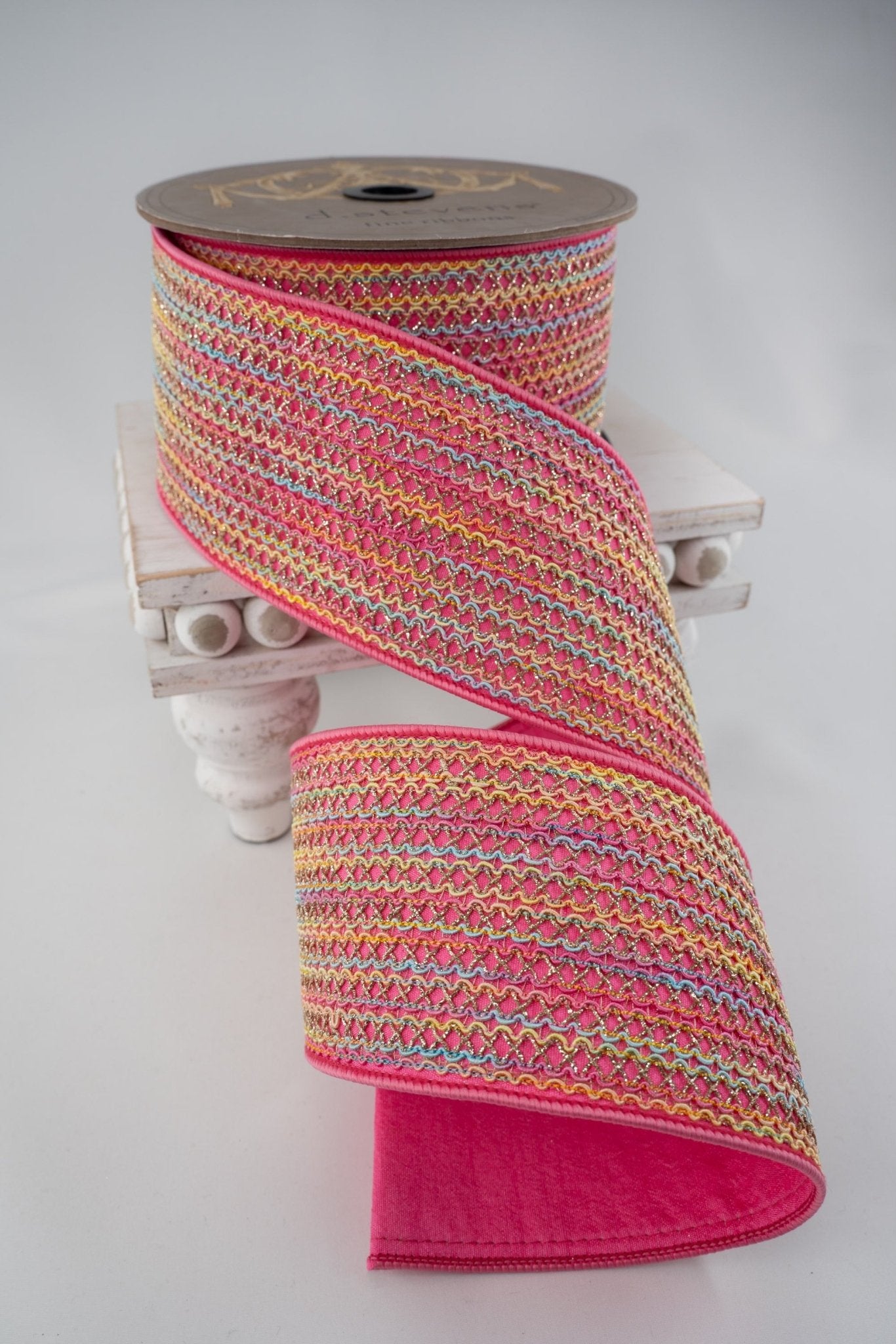 Pink Metallic Spring Lace Dupion Wired Ribbon - 3