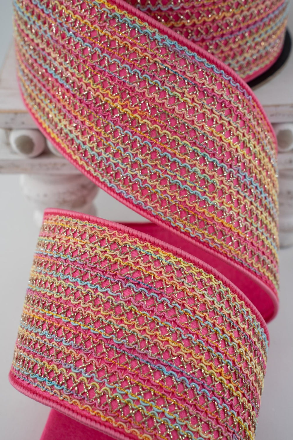 d. stevens Pink Metallic Spring Lace Dupion Wired Ribbon - 3" - Greenery MarketWired ribbon05-2150