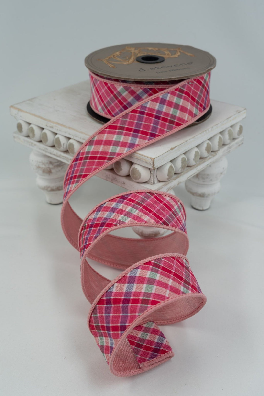 d. stevens Pink With Pink Back Diagional Camellia Plaid Dupion Wired Ribbon - 1.5" - Greenery MarketWired ribbon05-2166