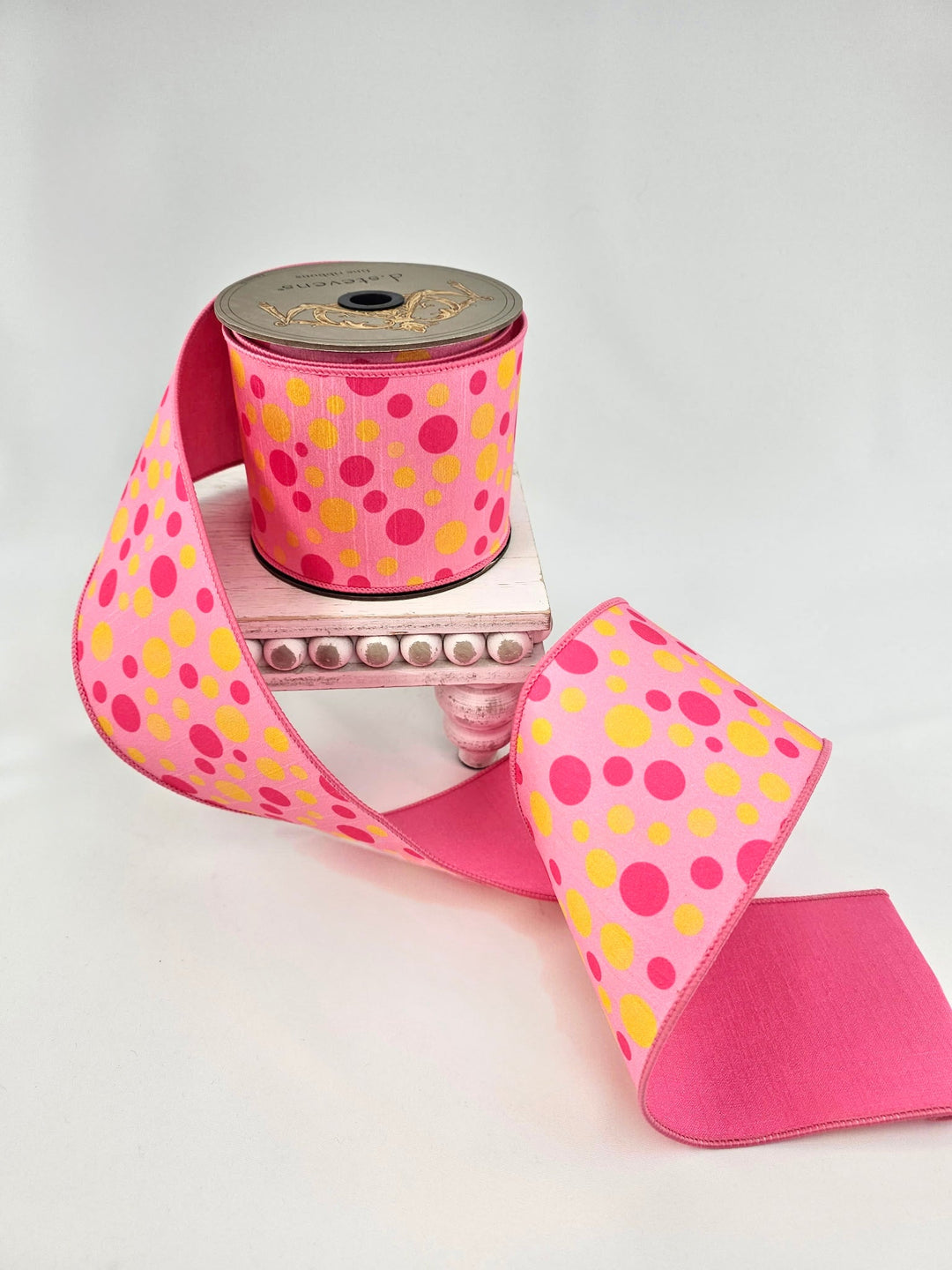 d. stevens Pink & Yellow Polka Dots Dupion Wired Ribbon - 4" - Greenery MarketWired ribbon05-1580