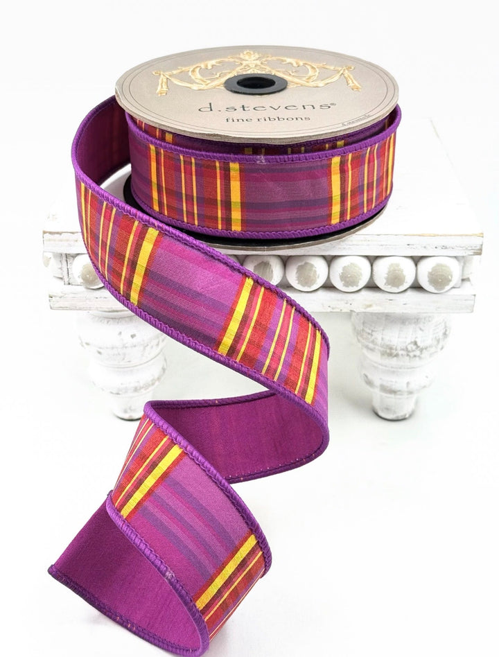 D Stevens Plum Magenta Plaid Wired Ribbon 1.5” - Greenery Market05-1837
