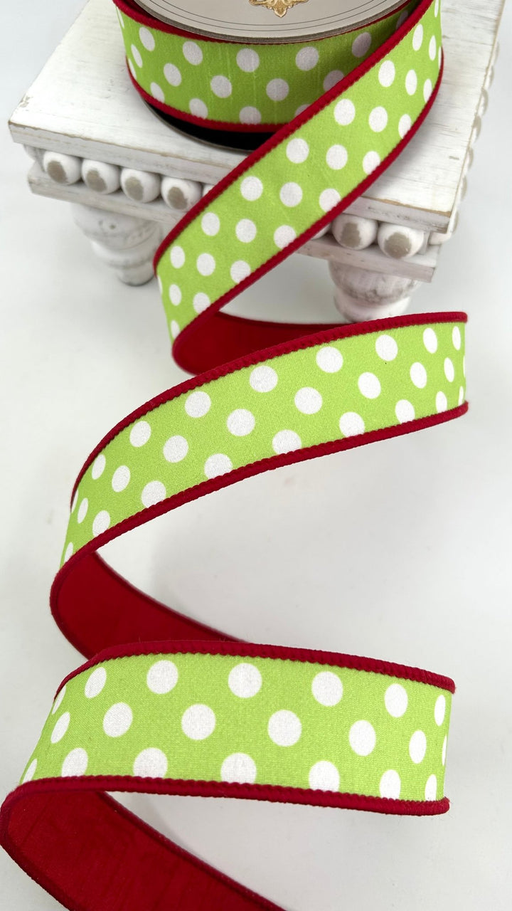 D Stevens Polka Dot Red And Lime Wired Ribbon 1.5” - Greenery Market05-2238