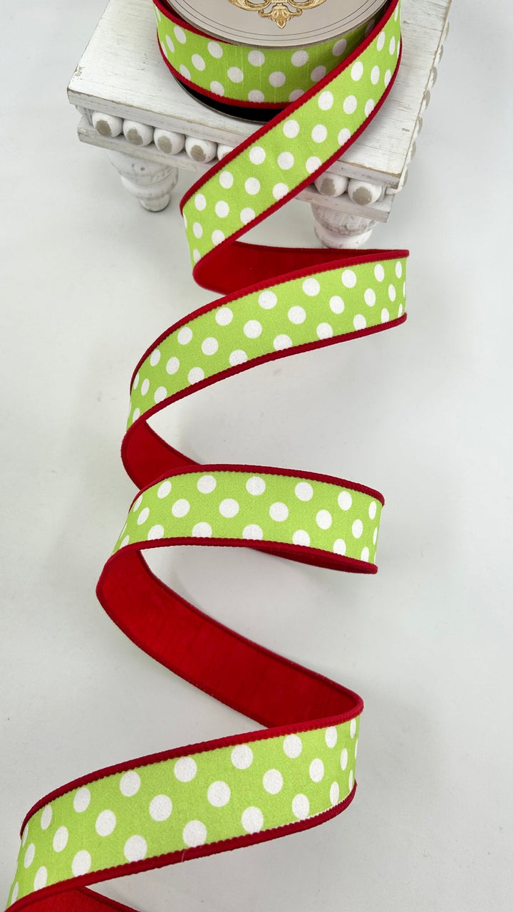 D Stevens Polka Dot Red And Lime Wired Ribbon 1.5” - Greenery Market05-2238
