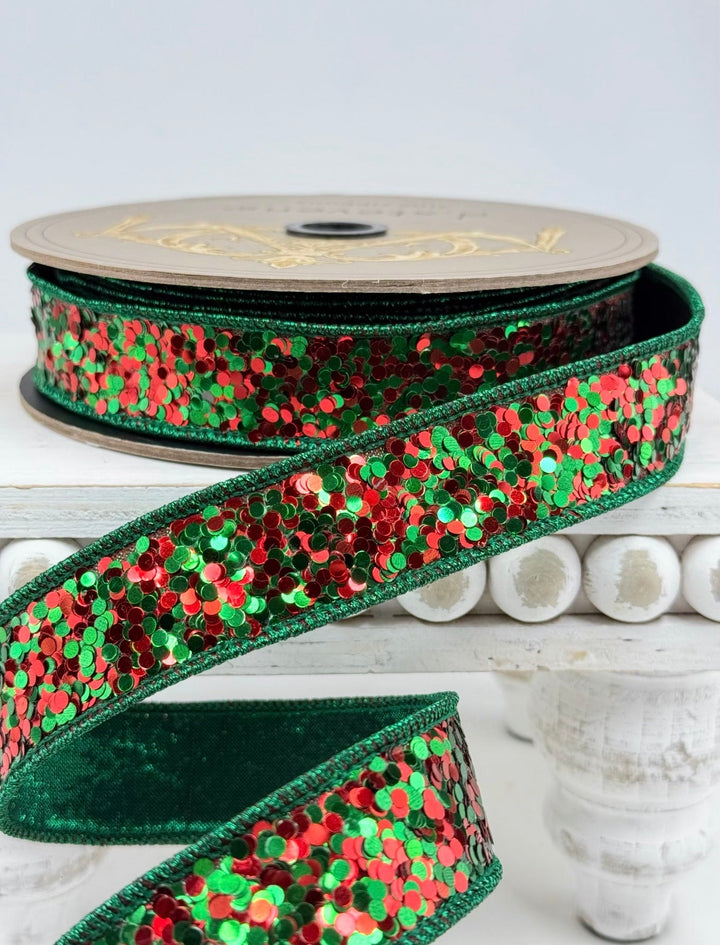D Stevens Red And Green Sequins Wired Ribbon 1” - Greenery Market05-1433
