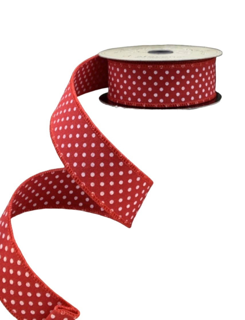 D Stevens Red Faux linen large and small dots wired ribbon - Greenery Market09-3196