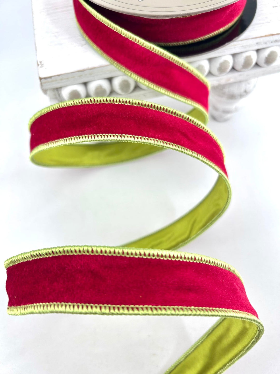 D Stevens Red & Green Velvet Wired Ribbon 1.5” - Greenery Market18-5035
