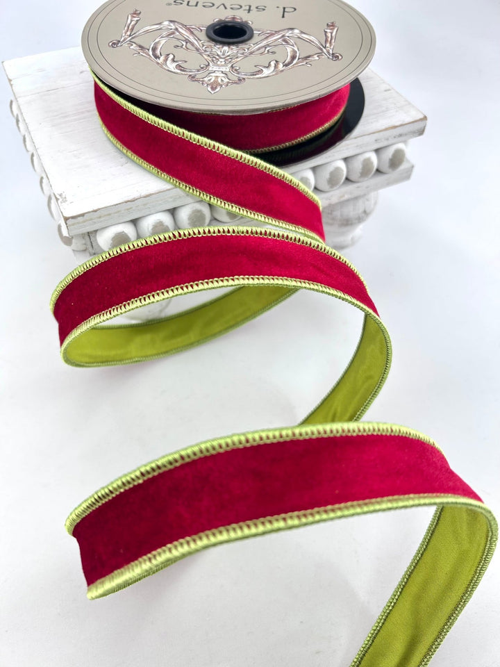 D Stevens Red & Green Velvet Wired Ribbon 1.5” - Greenery Market18-5035