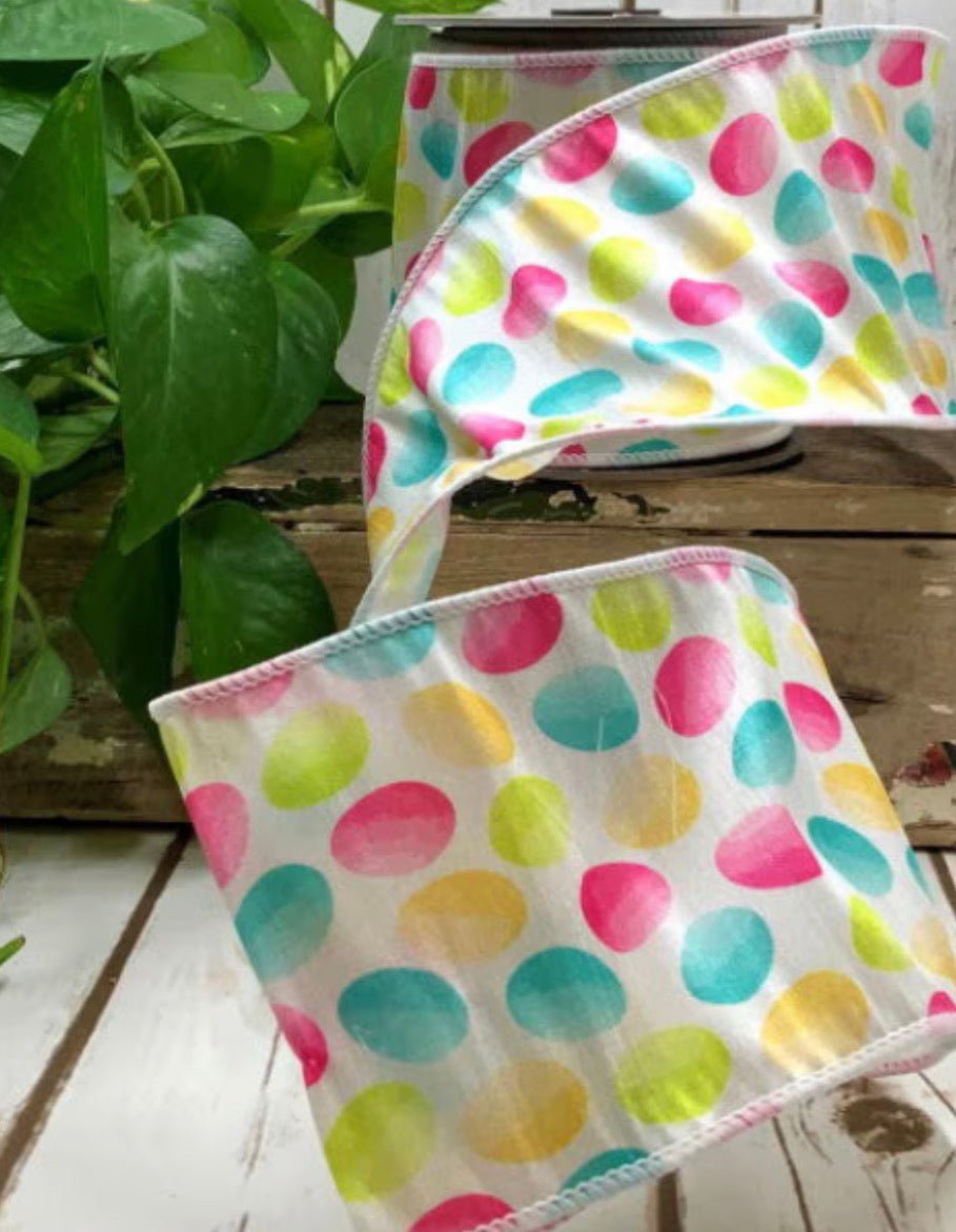 d. stevens White Watercolor Multicolor Eggs Dupion Wired Ribbon - 4" - Greenery MarketWired ribbon87-0753