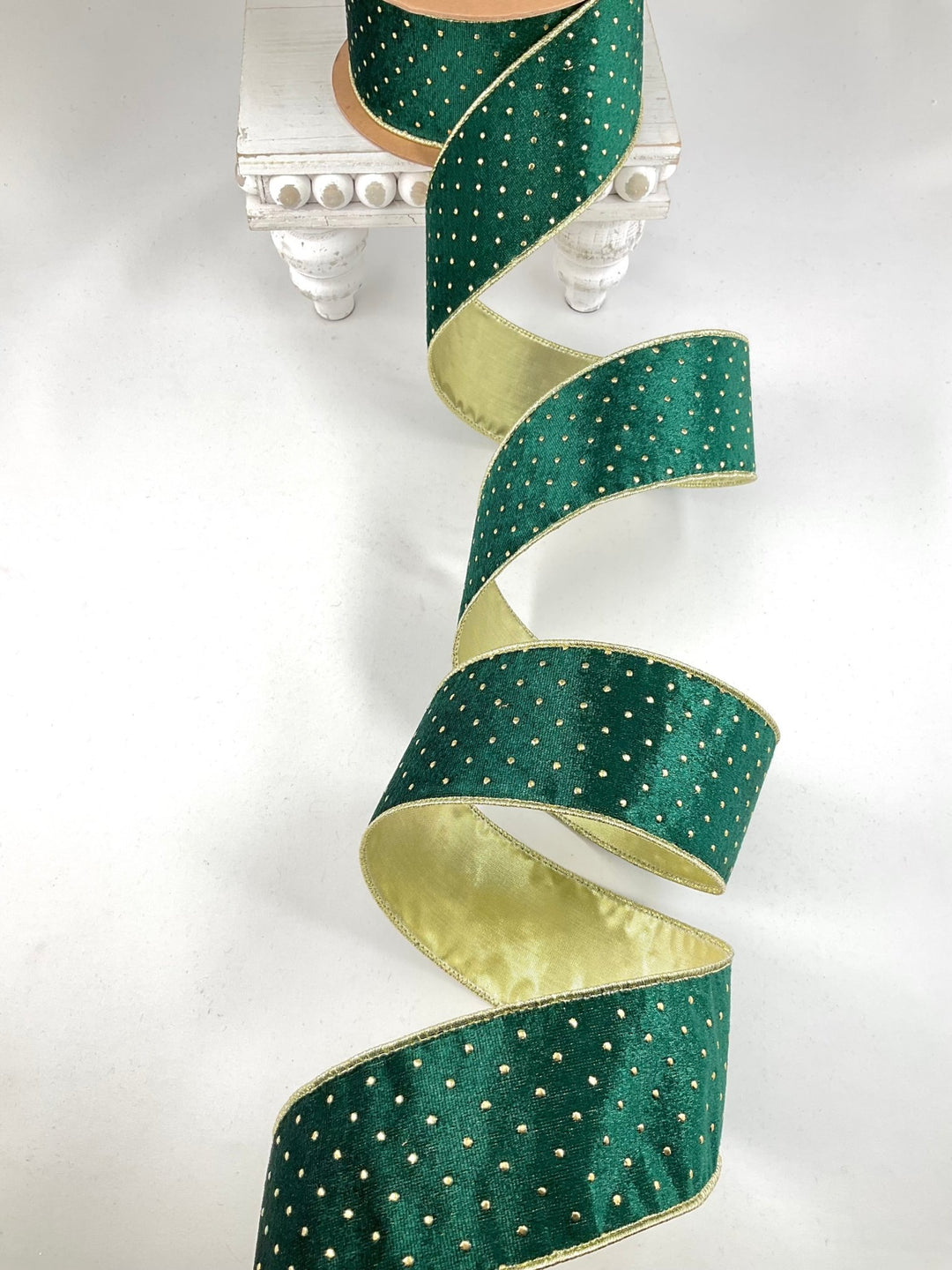 Dark Green with Gold Metallic Dot Wired Velvet Ribbon - 2.5" - Greenery Market7123W-593-63E