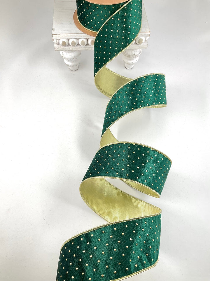 Dark Green with Gold Metallic Dot Wired Velvet Ribbon - 2.5" - Greenery Market7123W-593-63E