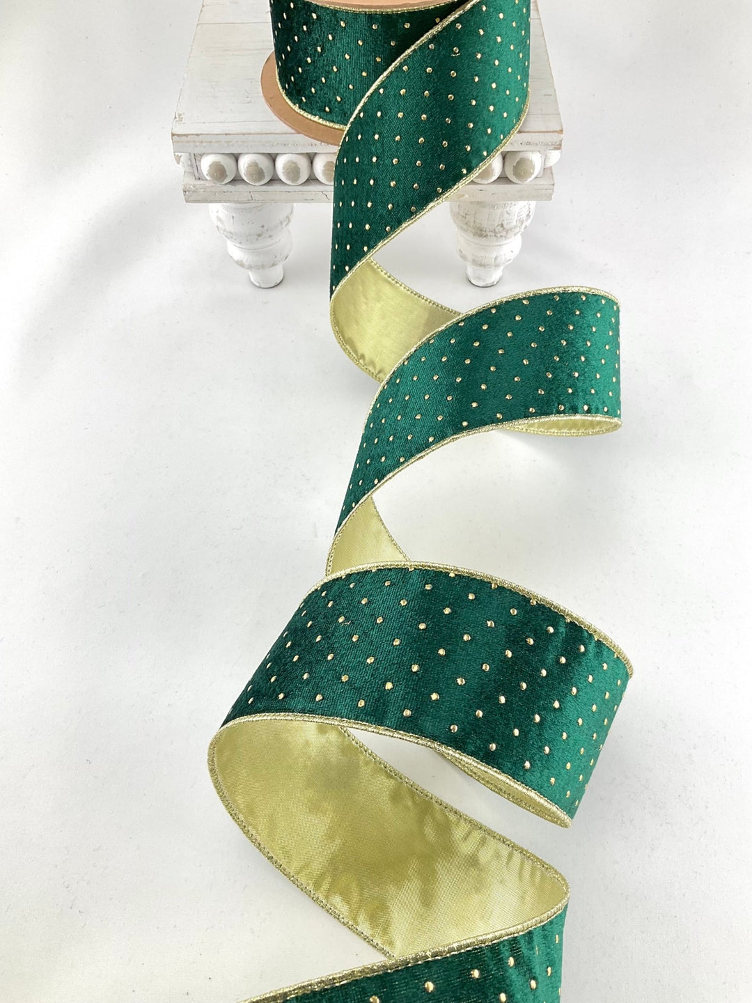 Dark Green with Gold Metallic Dot Wired Velvet Ribbon - 2.5" - Greenery Market7123W-593-63E