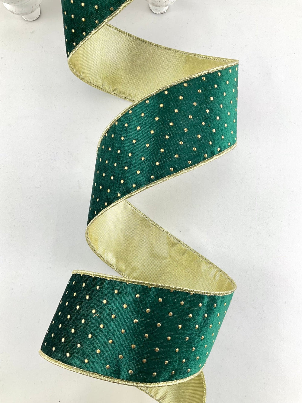 Dark Green with Gold Metallic Dot Wired Velvet Ribbon - 2.5" - Greenery Market7123W-593-63E