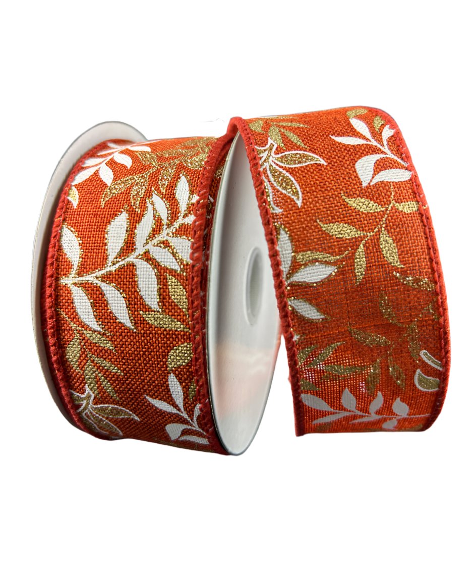 Dark orange and gold leaves wired ribbon, 1.5" - Greenery MarketWired ribbon61404 - 09 - 47