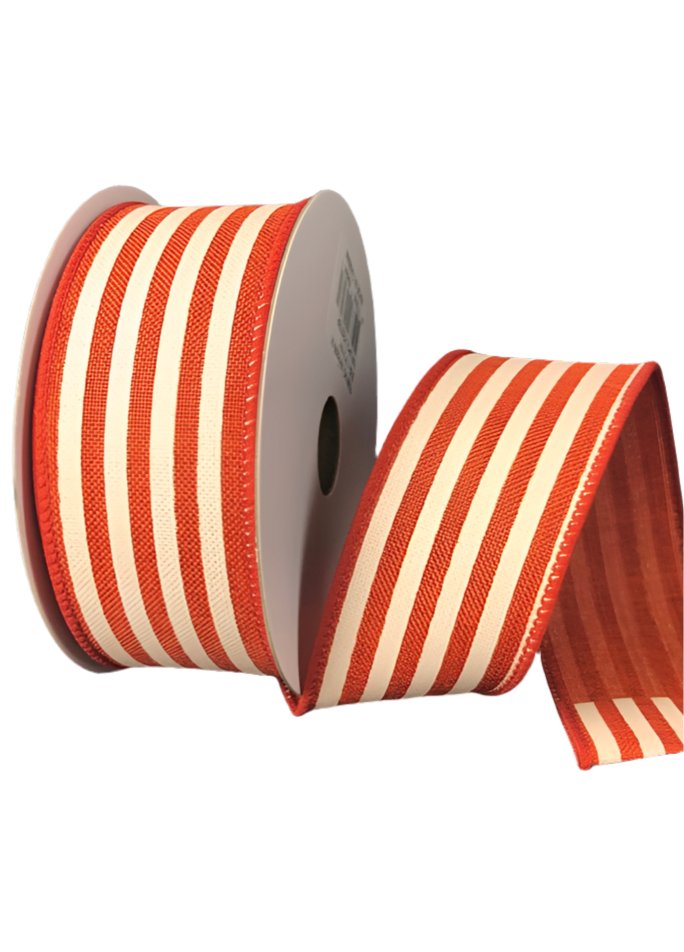 Dark orange and ivory cabana striped wired ribbon, 1.5