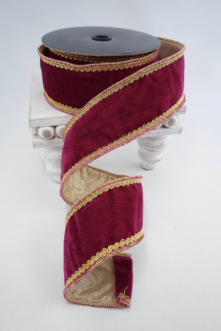 Deep Pink Wine & Gold Velvet With Trim Ribbon - 2.5" - Greenery MarketRibbon208163