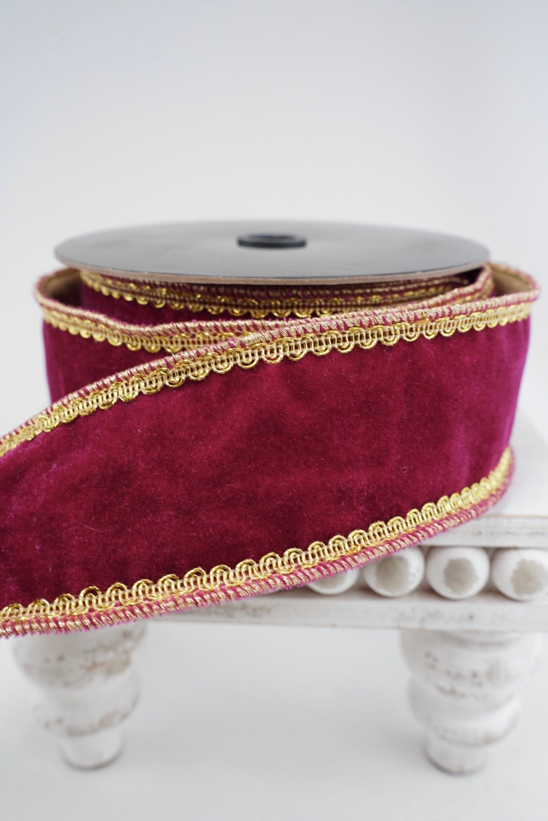 Deep Pink Wine & Gold Velvet With Trim Ribbon - 2.5" - Greenery MarketRibbon208163