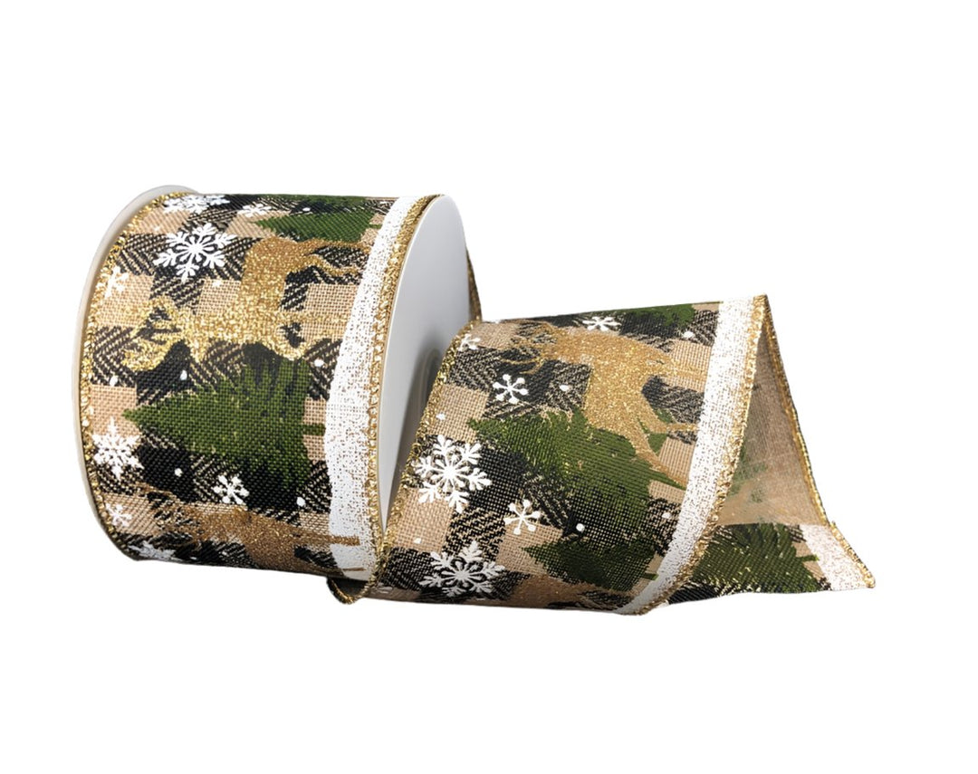 Deer winter wired ribbon with pine trees - Greenery MarketWired ribbon71188-40-15