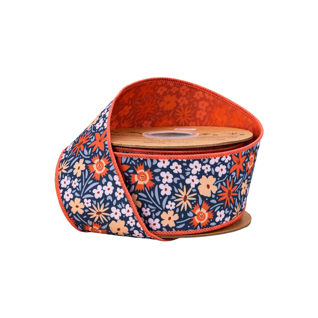 Ditzy Floral On Blue with Orange Backing Wired Wired Ribbon - 2.5" - Greenery MarketWired Ribbon9358W-750-63E