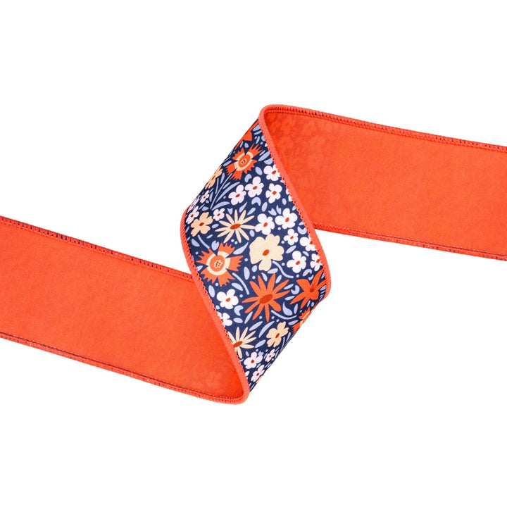 Ditzy Floral On Blue with Orange Backing Wired Wired Ribbon - 2.5" - Greenery MarketWired Ribbon9358W-750-63E