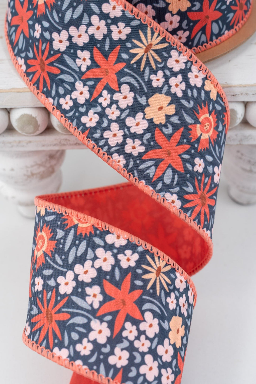 Ditzy Floral On Blue with Orange Backing Wired Wired Ribbon - 2.5" - Greenery MarketWired Ribbon9358W-750-63E