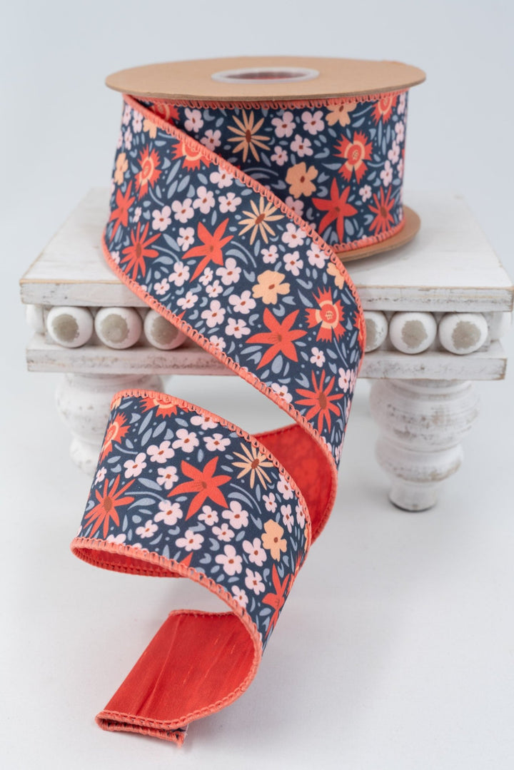 Ditzy Floral On Blue with Orange Backing Wired Wired Ribbon - 2.5" - Greenery MarketWired Ribbon9358W-750-63E