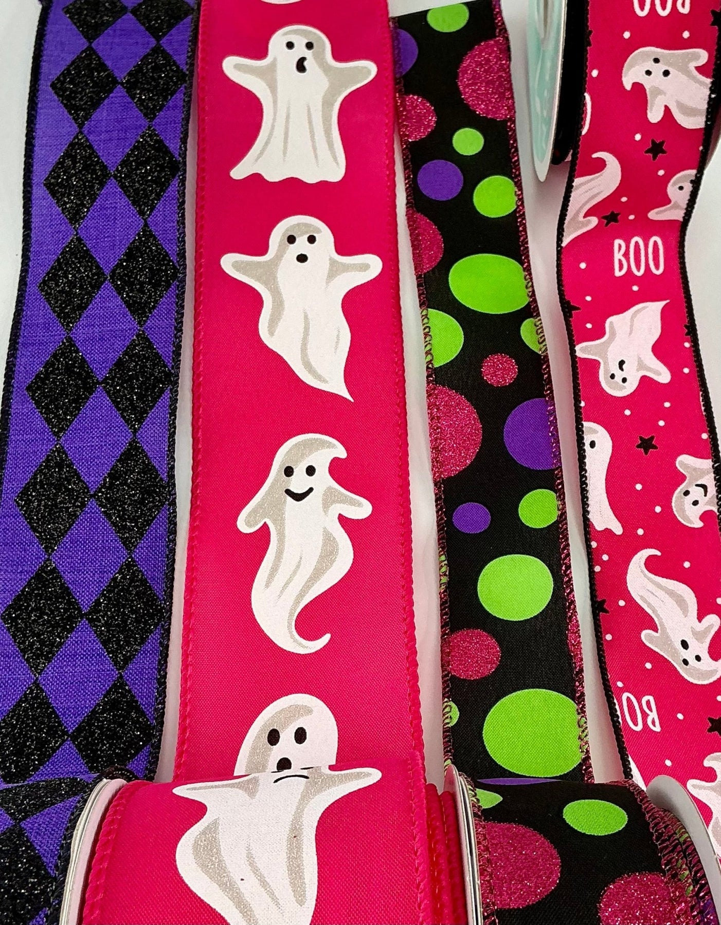 DIY ribbon bow bundle - pink ghost Halloween x 4 ribbons - Greenery Market