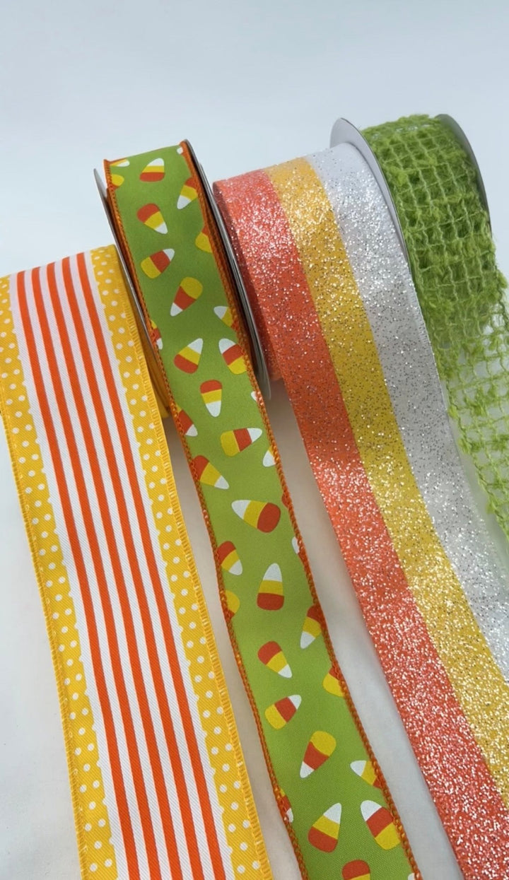 DIY ribbon bow bundle x 4 rolls- Green halloween candy corn - Greenery MarketRibbons & Trim