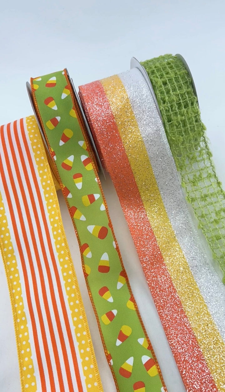 DIY ribbon bow bundle x 4 rolls- Green halloween candy corn - Greenery MarketRibbons & Trim