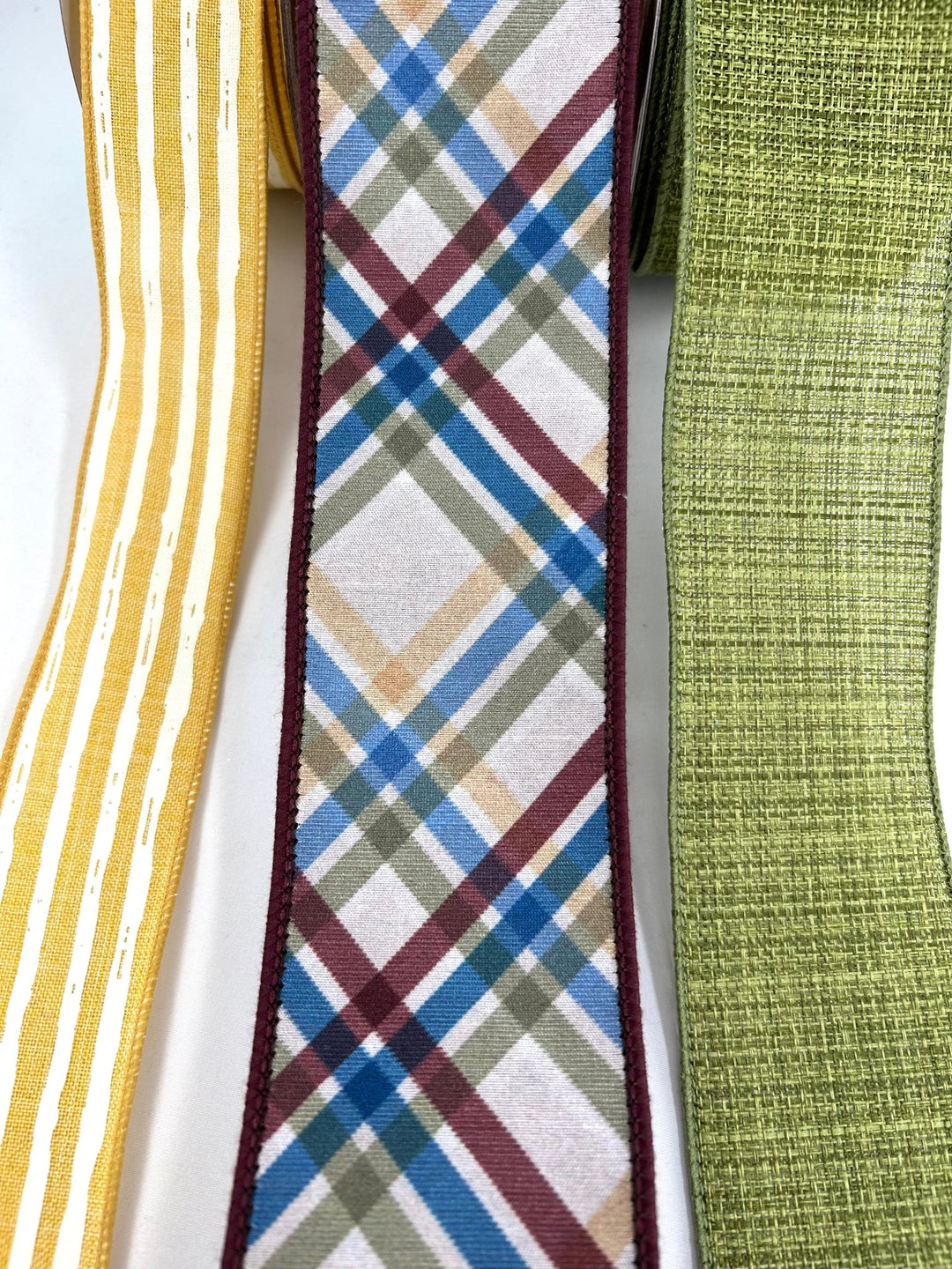 Eggplant And Mustard Bow Bundle x 3 Ribbons - Greenery MarketMustEggPlaidX3