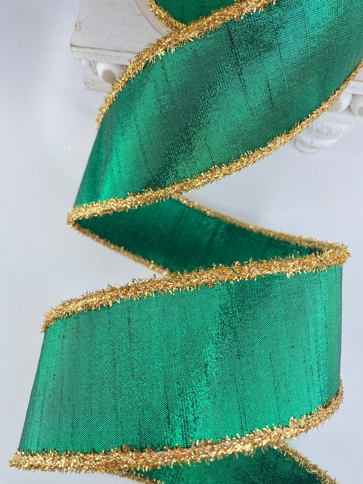 Emerald & Gold Tinsel Borders Farrisilk Wired Ribbon - 2.5" - Greenery MarketRK791 - 10