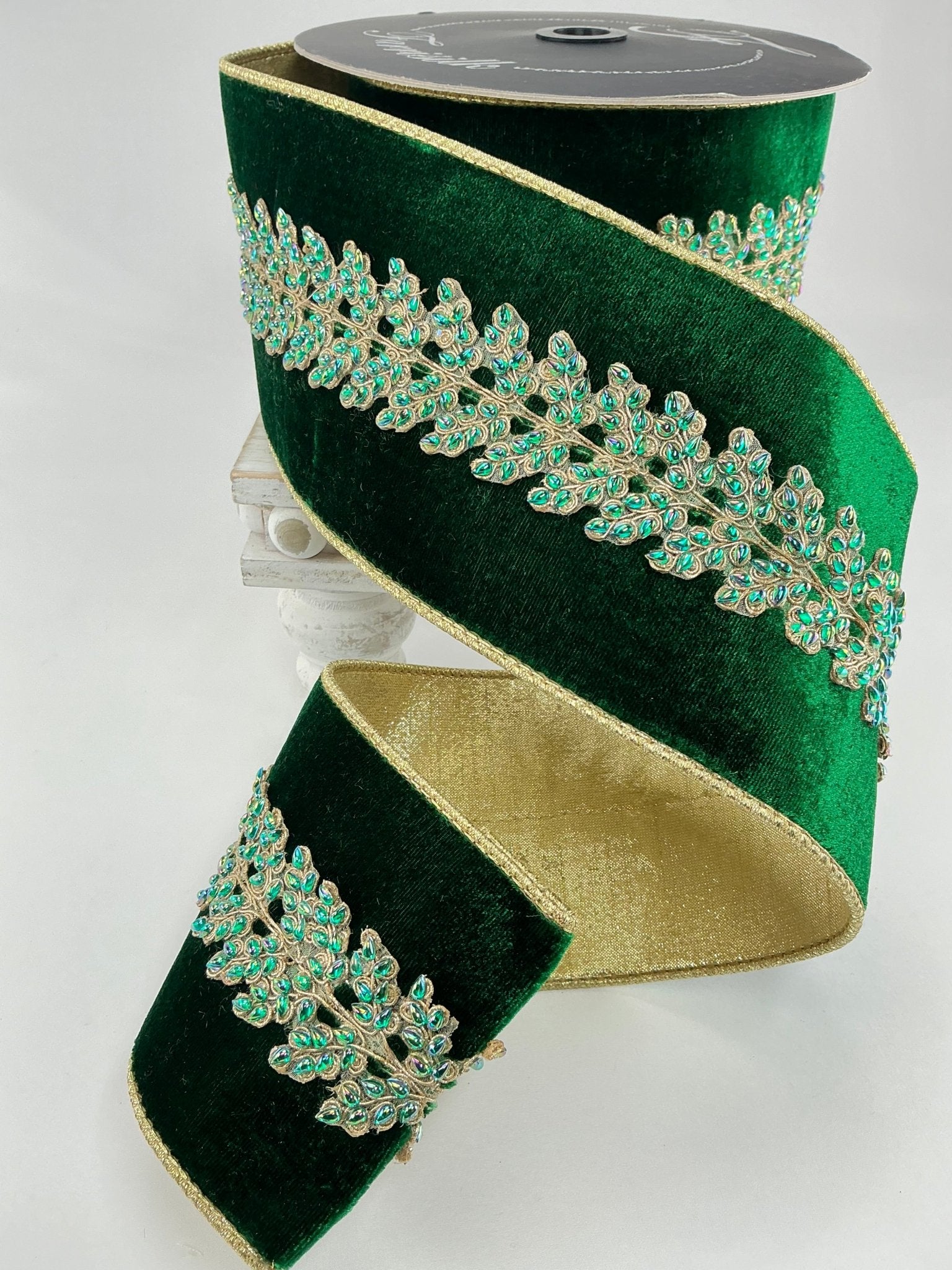 Emerald green enchanted vines crystal 4” farrisilk wired ribbon