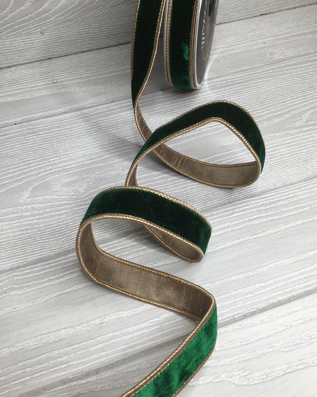 Emerald green & gold plush velvet luster 1” farrisilk wired ribbon - Greenery MarketRibbons & TrimRK130 - 10