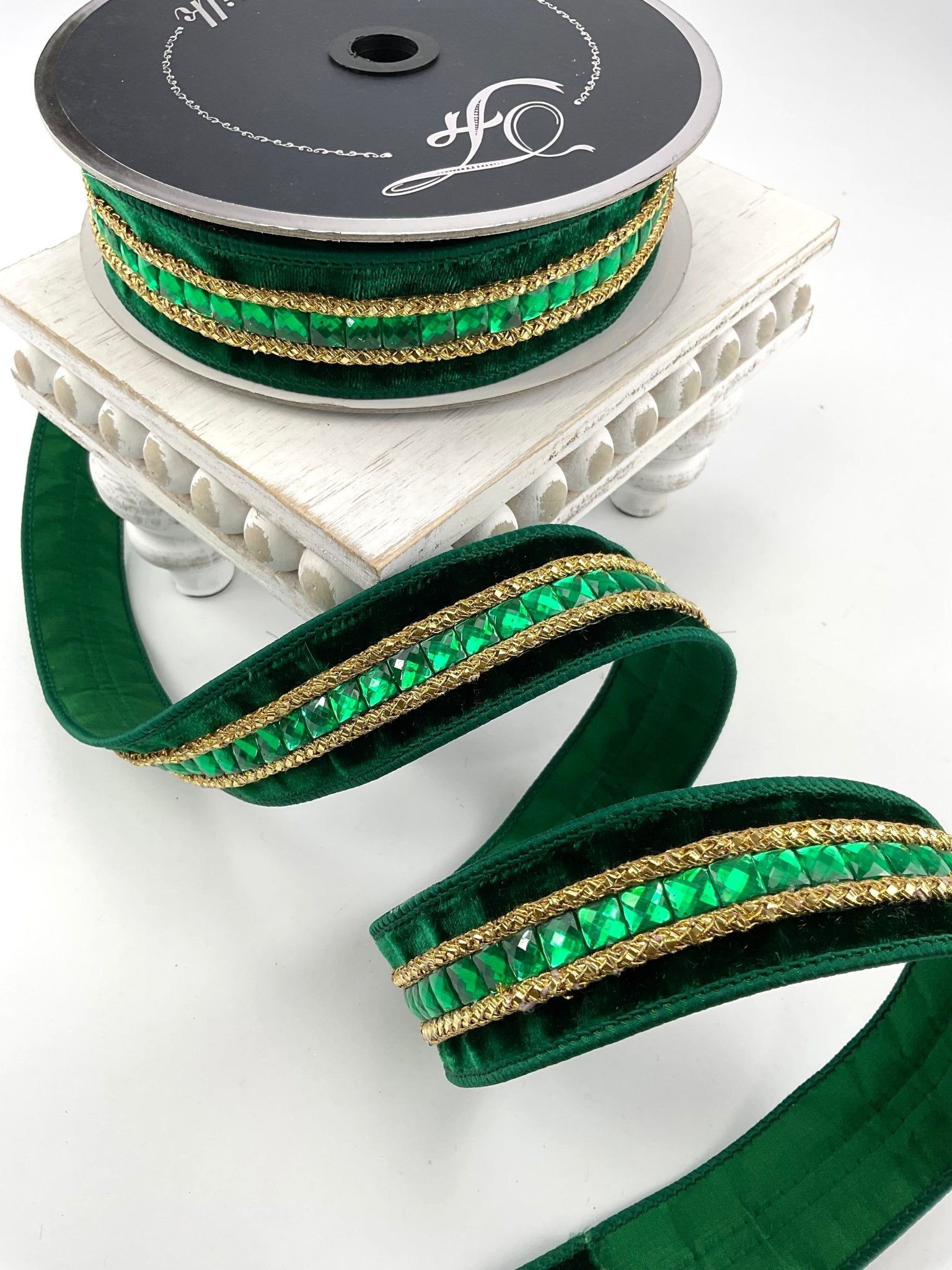 Emerald green velvet jewelry gemstones 1.5” farrisilk wired ribbon - Greenery MarketRibbons & TrimRG250-55