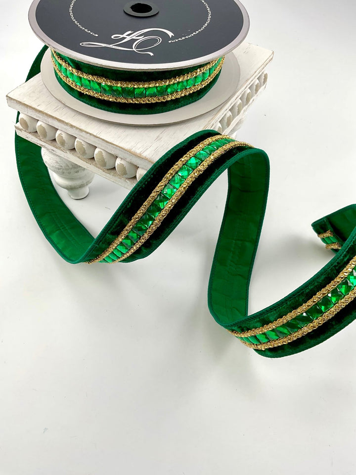 Emerald green velvet jewelry gemstones 1.5” farrisilk wired ribbon - Greenery MarketRibbons & TrimRG250-55