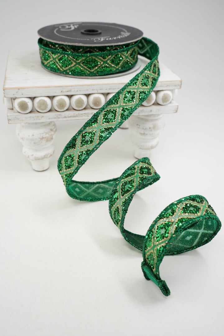 Emerald Marquise Diamond Farrisilk Wired Ribbon - 1" - Greenery MarketRK281-55
