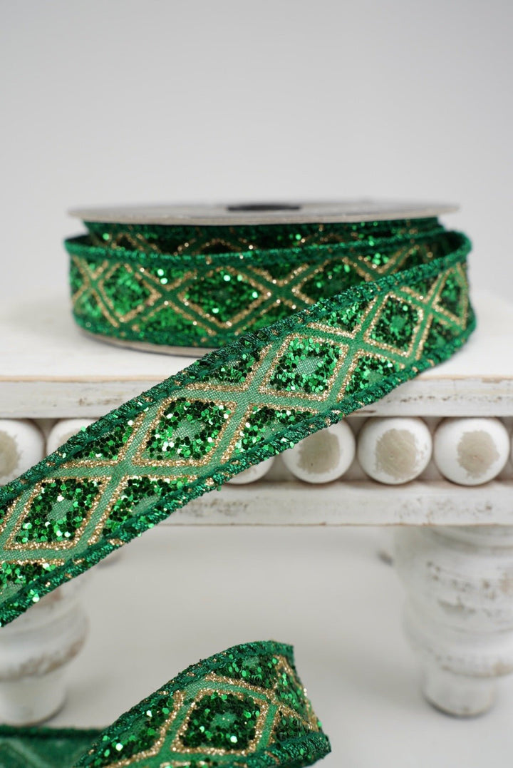 Emerald Marquise Diamond Farrisilk Wired Ribbon - 1" - Greenery MarketRK281-55