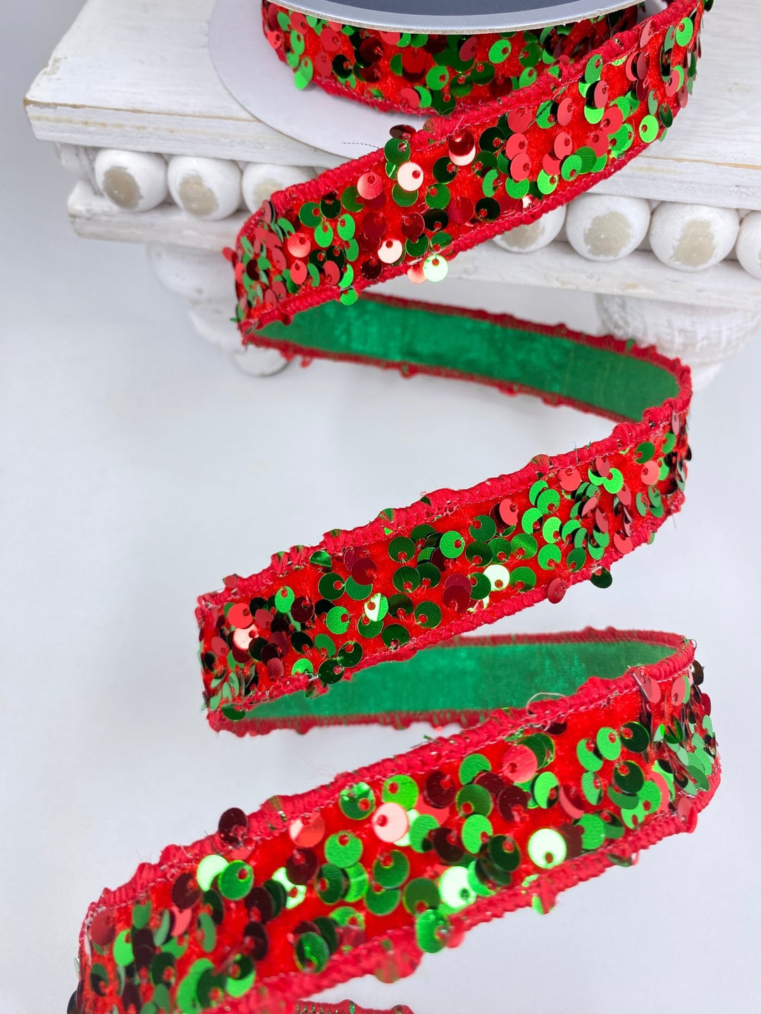 Emerald & Red Jolly Sequins Farrisilk Wired Ribbon - 1" - Greenery MarketRS178 - 48