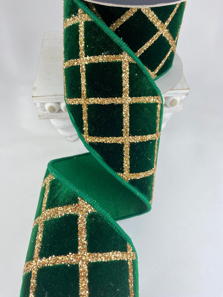 Emerald Velvet Glitter Lattice Farrisilk Wired Ribbon - 4" - Greenery MarketRG021 - 55