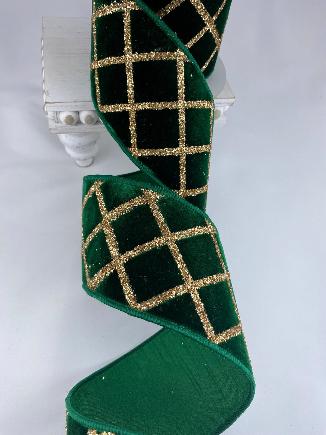 Emerald Velvet Glitter Lattice Farrisilk Wired Ribbon - 4" - Greenery MarketRG021 - 55