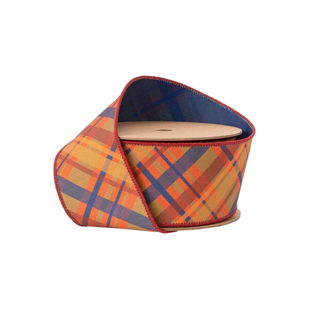 Fall Blue & Orange Plaid Wired Dupioni Ribbon - 2.5" - Greenery Market8203W - 369 - 63E