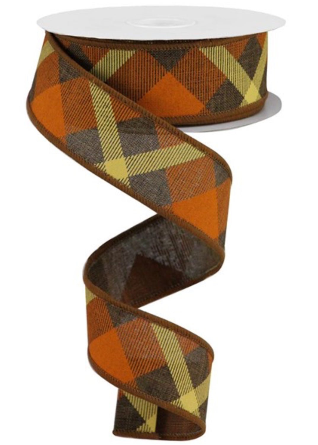 Fall Diagonal plaid wired ribbon -brown / orange 1.5” - Greenery Market