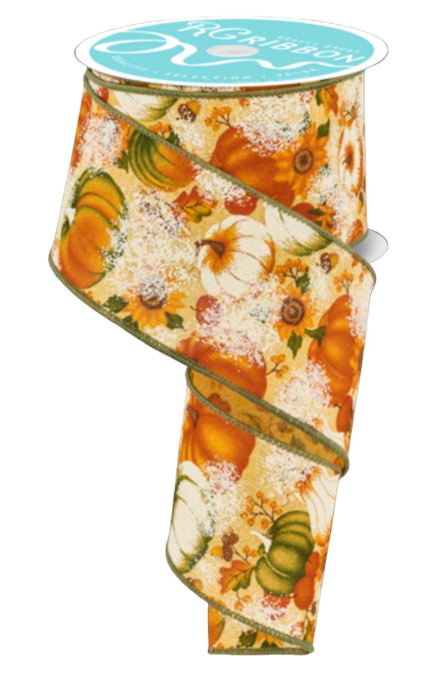 Fall foliage, pumpkins, and acorns wired ribbon 2.5” - Greenery Market