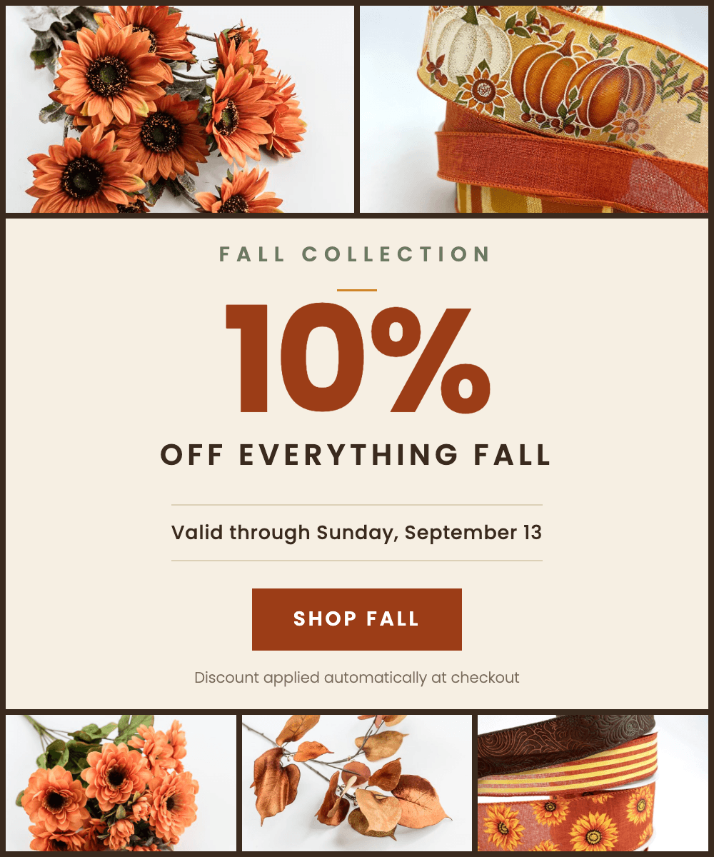 Promotional graphic for the Fall Collection featuring a 10% discount off everything fall. The design has a cream background with large brown text and a brown 'SHOP FALL' button, surrounded by four decorative product photos of orange flowers, a patterned pumpkin box, dried leaves, and striped fabric.