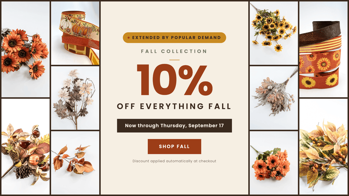 A promotional sale graphic for a fall collection, featuring a large central text block that reads '10% OFF EVERYTHING FALL' with a 'SHOP FALL' button, surrounded by a grid of autumn-themed product photos including orange flowers, dried botanicals, and patterned fabric rolls.