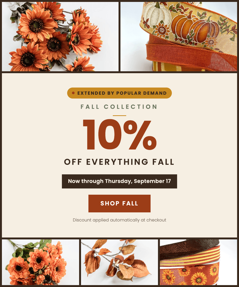 Promotional fall sale graphic with a large central text block reading 'Extended by Popular Demand Fall Collection 10% Off Everything Fall' and 'Now through Thursday, September 17' with a 'SHOP FALL' button. The design includes four autumn-themed product photos around the border: orange flowers, a patterned pumpkin box, dried leaves, and striped fabric with a sunflower print.