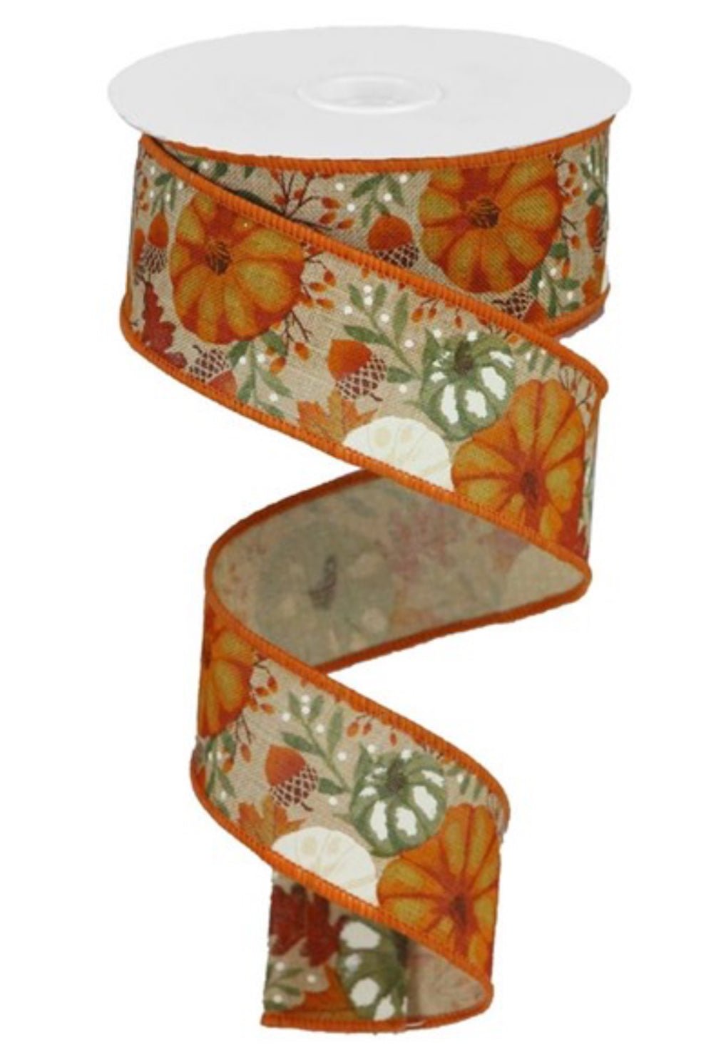 Fall leaves and pumpkins on natural wired ribbon 1.5” - Greenery MarketWired ribbonRGB108004