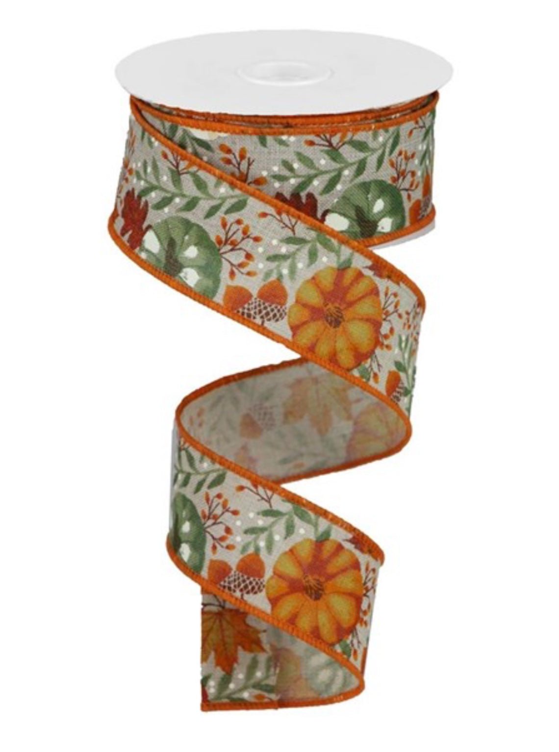 Fall leaves and pumpkins on natural wired ribbon 1.5” - Greenery Market