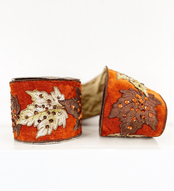 Fall Leaves Embroidered Lux Wired Ribbon - 4" - Greenery Market20 - FL488