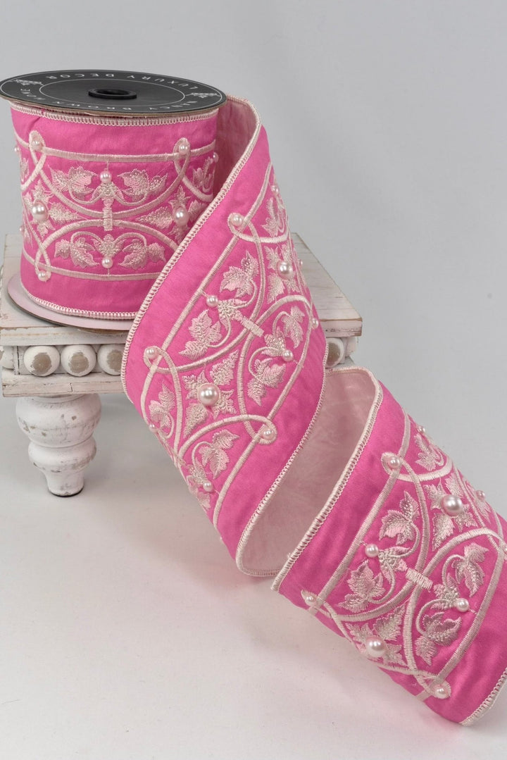 Fancy Pink & Pearl Wired Ribbon - 4" - Greenery Market25-600-5